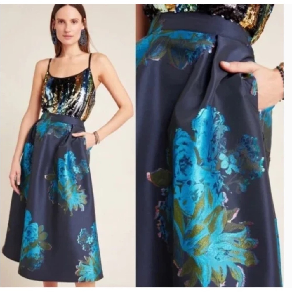 Anthropologie Maeve Navy Floral Midi Skirt - size 4 Small